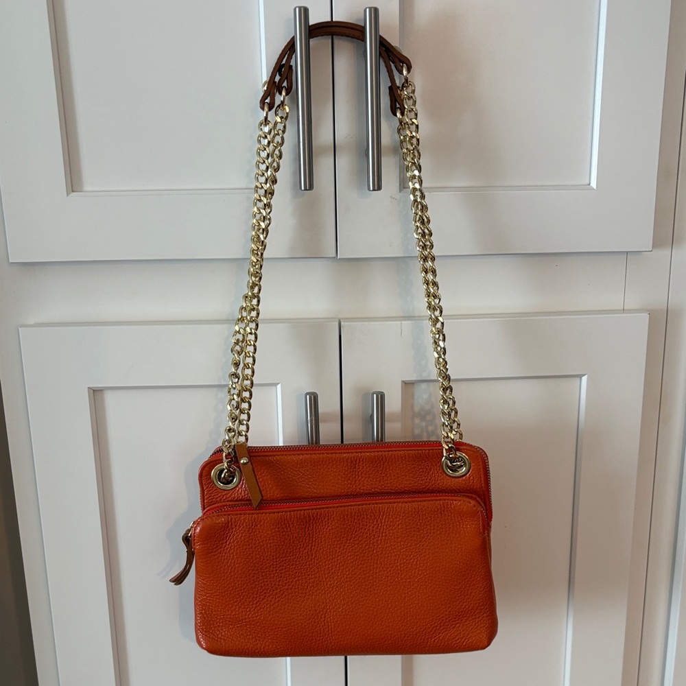 Valentina Orange Leather Shoulder Bag with Gold Chain Strap